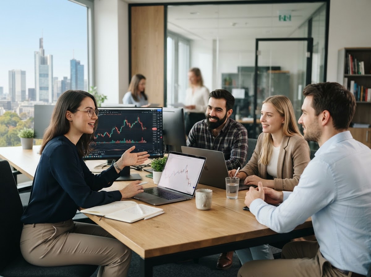 Trading Elevate team reviewing predictive model output on screen